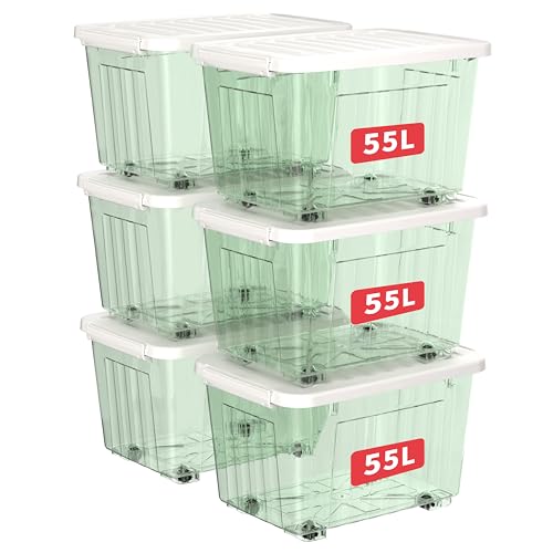 Cetomo 55L*6 Plastic Storage Boxes with Wheels, Lidded Storage Box with Secure Side Latches, PP Nestable and Stackable Clear Organizer for Home, Office, Moving, Transparent Green, 55L-6 Pack