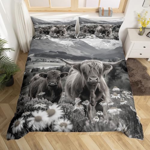 jejeloiu Highland Cattle Bedding Set Highland Cow Duvet Cover Queen Size for Kids Boys Girls Teens Grey Animal Farmhouse Comforter Cover Set Western Decor Wildlife Bedspread Cover with 2 Pillow Case