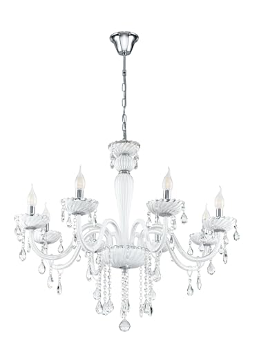 Eglo Pendant Light Carpento, 8-Light Vintage Chandelier, Shabby Chic, Hanging Lamp Made of Steel and Glass in Chrome and White, Dining Table Light, Hanging Living Room Lamp with E14 Socket