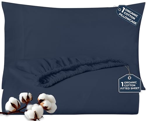 ROYALE LINENS 300 Thread Count 100% Long Staple Combed Cotton 2 Piece Twin XL 1 Fitted Sheet, 1 Pillow Case - Breathable, Cool & Crisp Percale Sheet Set (Twin XL, Navy)