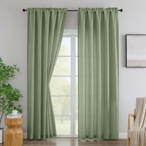 "Simplebrand Green Linen Curtains 96 Inches Long 2 Panels, Faux Linen Textured Semi Light Filtering Farmhouse Curtains & Drapes, Soft Airy Slub Window Curtains for Living Room Bedroom, Each 52"" Wx96 L"