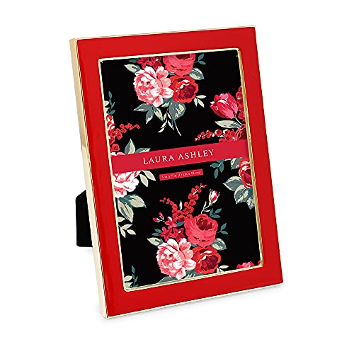 Laura Ashley 5x7 Red Enamel Picture Frame, Gold Metal Edge with Easel, for Countertop, Counterspace, Tabletop Display, Bookshelf, Desk, Wall Décor, Photo Gallery (5x7, Red W/Gold)