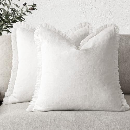 Foindtower Set of 2 Decorative Linen Fringe Throw Pillow Covers Cozy Boho Farmhouse Cushion Cover with Tassels Soft Accent Pillowcase for Couch Sofa Bed Living Room Home Decor, 24×24 Inch, Cream White