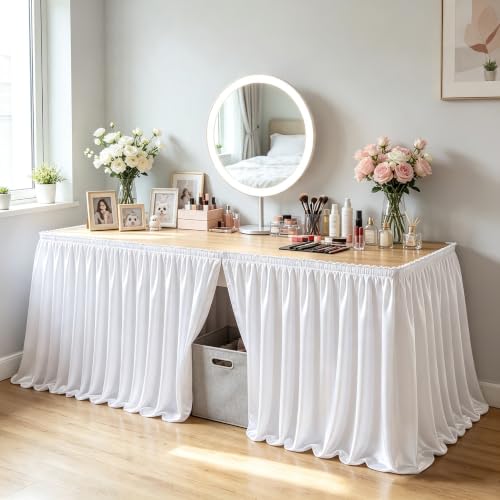 9ft Length Satin White Table Skirt Rectangle Tables,Wrinkle Resistant Ruffle Table Skirting Glitter Teacher Desk Cover Skirt for Dorm Office Birthday Party Wedding Buffet Displays Trade Shows