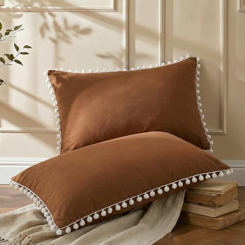 Brown Pom Poms Pillowcases, Standard Queen Size Pillow Cases Set of 2, 100% Washed Microfiber,Coffee Ball Fringe Pillow Cover, 2 Pack