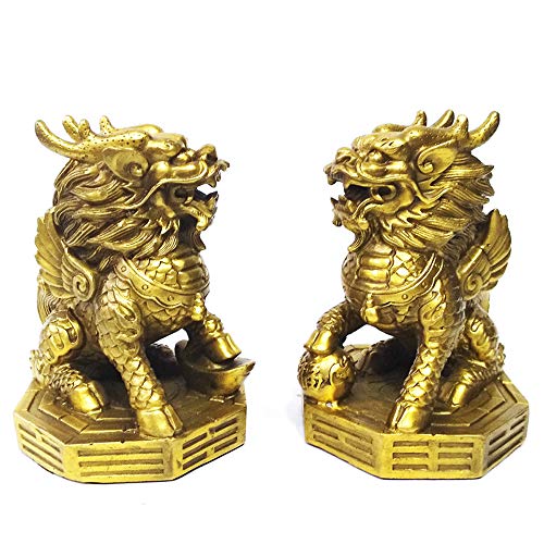 "AMTOOCH Feng Shui Kylin Brass Statue Home Decoration a Pair qilin Sculpture Golden Wealth Chi Lin Living Room Office (4"" L x 3.6"" W x 5.2"" H)"