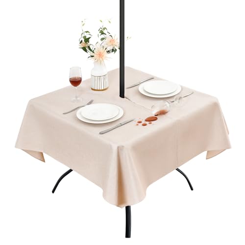 Wolkemer Square Outdoor Tablecloth with Umbrella Hole, 54x54 Inches - Water Resistant Zippered Patio Table Cloth, Wipeable Faux Linen Table Cover for Picnic, Camping, Party (Neutral)