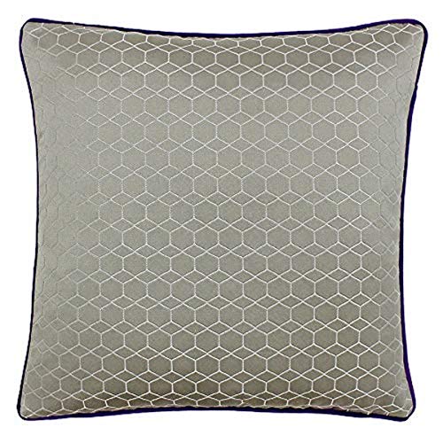 "Riva Paoletti Balham Feather Filled Cushion - Taupe Grey - Geometric Hexagonal Design - Jacquard Weave - Contrasting Purple Piped Edges - 58% Linen 42% Polyester - 45 x 45cm (18"" x 18"" inches)"