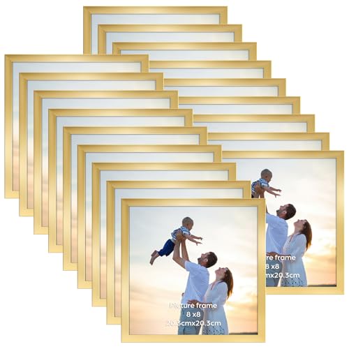 Hoikwo 18 Packs 8x8 Gold Plastic Multi Picture Frames Set with Plastic Cover, for Family Photos, Artwork, Light Weight Bulk 8 by 8 Frames Pack for Wall Hanging and Table, Stylish Picture Frames