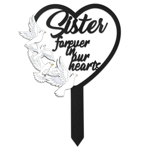 BUoonyer Stake Graves Cemetery Decorations - Sister Metal Memorial Grave Markers, Girls Heart Graveyard Sympathy Plaque, Dove Remembrance Graveside Burial Decor Sign for Outside Yard Garden