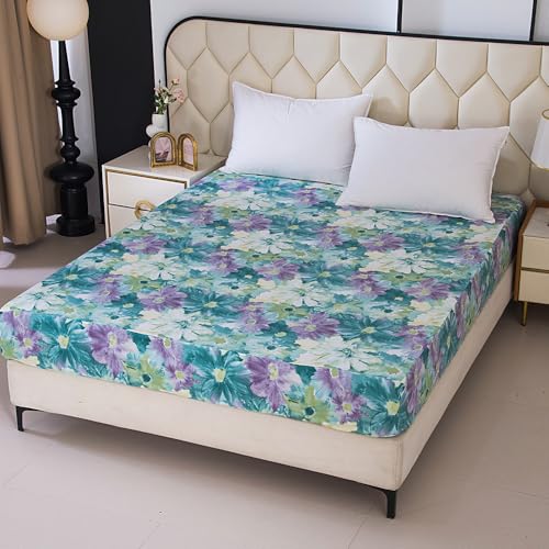 NATURETY Bedding Fitted Sheet with Deep Pocket,Thicken Printed Fabric Bed Sheets(Green Floral,Queen)