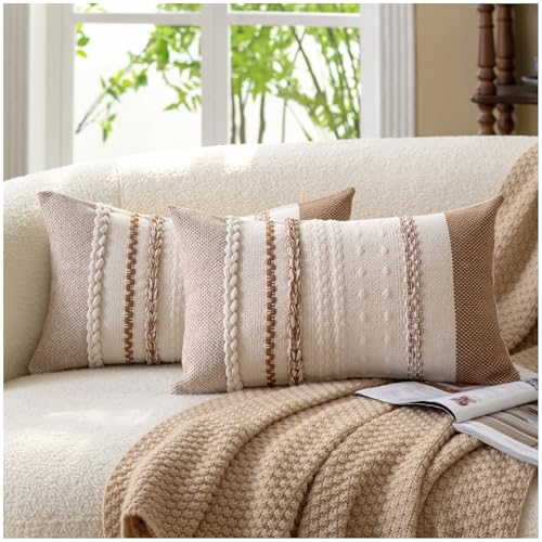 Cethom Boho Throw Pillow Covers 12x20 Inch Set of 2, Brown Textured Decorative Couch Pillow Cases for Farmhouse Home Decor, Accent Cushion Cover for Sofa, Bed, Living Room, Bedroom