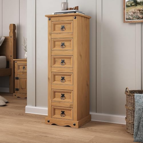 Mews Corona 6 Drawer Narrow Chest of Drawers, Solid Pine Wood Tall Slim Storage Cabinet, Rustic Mexican Style Bedroom Bedside Table, Hallway Organiser, Living Room Furniture