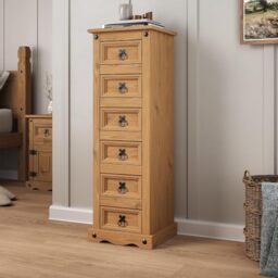 Mews Corona 6 Drawer Narrow Chest of Drawers, Solid Pine Wood Tall Slim Storage Cabinet, Rustic Mexican Style Bedroom Bedside Table, Hallway Organiser, Living Room Furniture