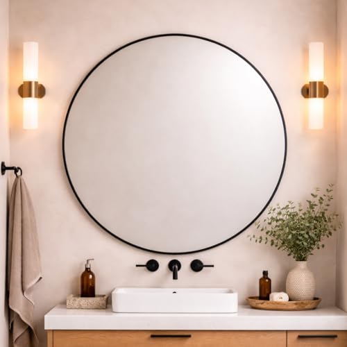 Round Metal Bathroom Mirror 110cm – Large Circular Wall Mounted Mirror – Modern Black Frame Vanity Mirror – Contemporary Bathroom, Toilet, Ensuite