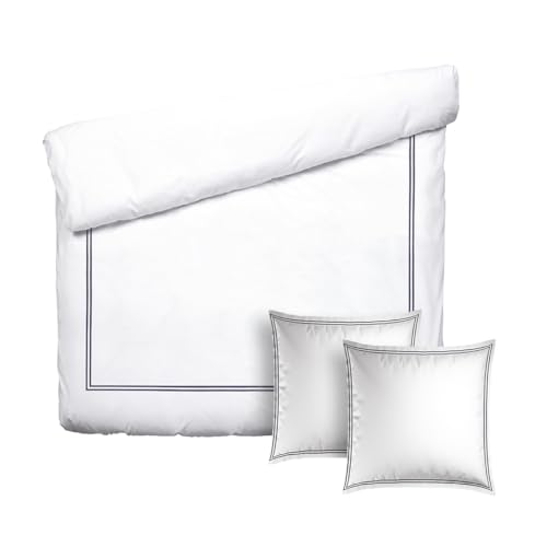 Pure Cotton Oeko-TEX 3-Piece Double Bedding Set - Duvet Cover 260 x 240 cm & 2 Pillowcases 63 x 63 cm - 100% Cotton Satin, 80 Thread Count, 120 GSM - Oeko-TEX Silhouette - Dark Blue/White