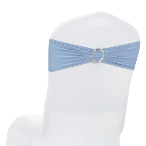 MDS Pack of 25 Spandex Chair Sashes Bow Premium Stretch Chair Cover Band with Buckle Slider Universal fits Elastic Stretch Chair Ties for Wedding Party Banquet Events Decoration - Baby Blue