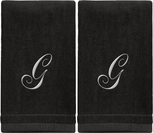 Monogrammed Towels Fingertip, Personalized Gift, 11 x 18 Inches - Set of 2 White Embroidered Towel - Extra Absorbent 100% Cotton - Soft Velour Finish - For Bathroom/Kitchen/Spa - Initial G (Black)