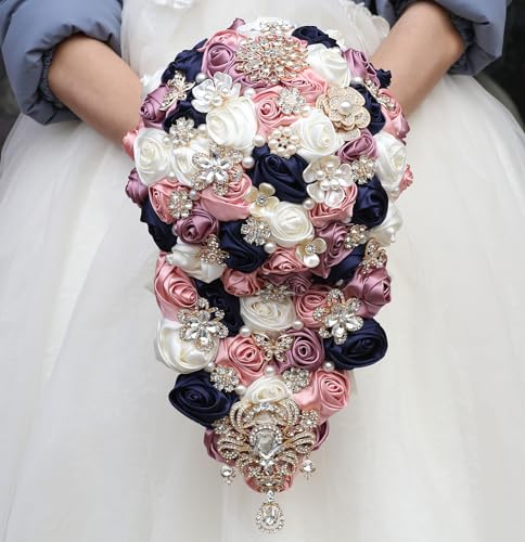 "Mhojpik Luxury Cascade Bridal Wedding Bouquet Satin Rose Waterfall Holding Bouquet Artificial Flower Bunch for Bride Bridesmaid(Ivory, Navy, Blush & Smoky Rose, 17.3"" x 8.7"")"