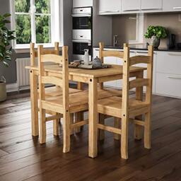 Vida Designs Corona 4 Seater Dining Set - Solid Pine Wood - Dining Room Complete Set - 74.8H x 100W x 70D cm - with 4 Dining Chairs - Rustic Country Farmhouse Style