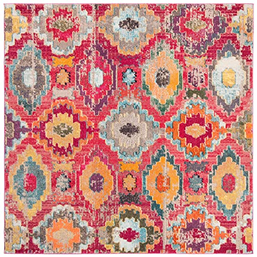 Safavieh Boho Rug for Living Room, Dining Room, Bedroom - Monaco Collection, Short Pile, in Red and Blue, 200 x 200 cm
