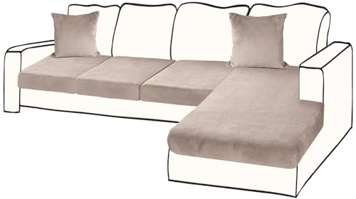 BT.WA Sectional Couch Covers for 4-Piece Seat Cushion Velvet Separate L Shape Couch Cover Stretch Sofa Slipcover with 2 Pieces Pillowcases Furniture Protector (Sofa 3 Seater + 1 Chaise, Tan)