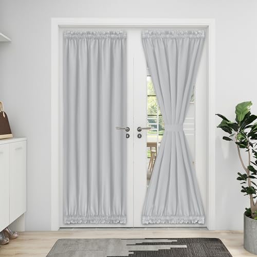 Easy-Going Blackout Door Curtains 1 Panel, 52x72 inch, Greyish White - Rod Pocket Privacy Light Filtering Sidelight Curtains French Door Curtains with Tieback
