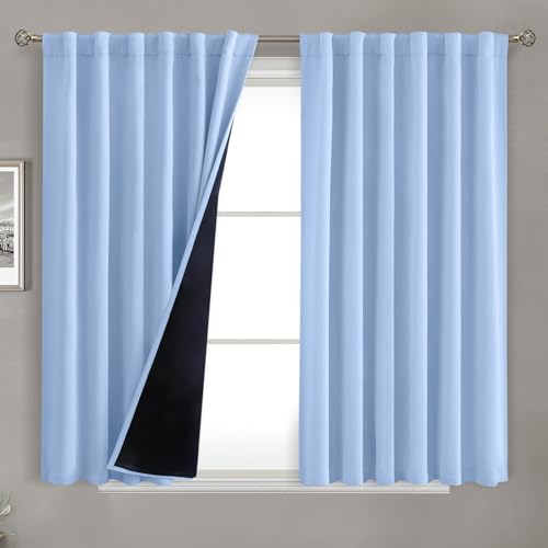 BGment Light Blue 100% Blackout Curtains 45 Inches Long with Thermal Liner, Room Darkening Double Layer Rod Pocket and Back Tab Window Curtains for Bedroom Kids Room (52 x 45 Inch, 2 Panels)