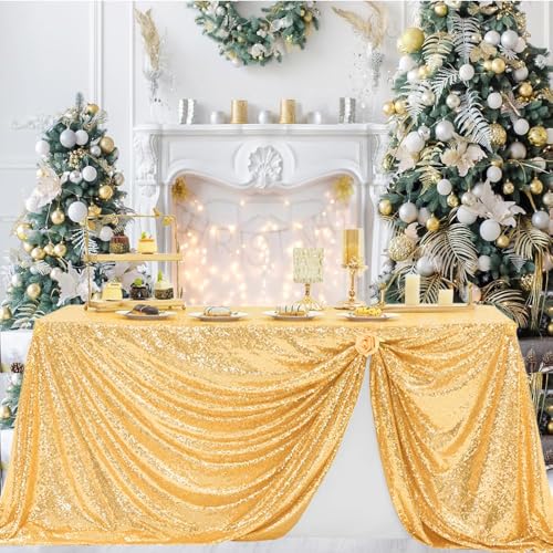 Gold Sequin Tablecloth 50x72in for Wedding Birthday Party Cover Decoration - High Density Elegant Reusable Glitter Fabric, Seamless Mesh, Indoor Outdoor, for Halloween Dinner Dessert Buffet Table