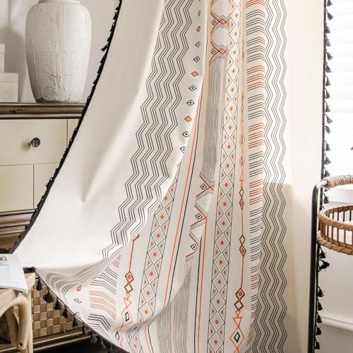ColorBird Boho Curtains 2 Panels Orange Patterned Window Treatment Striped Geometric Aztec Western Curtain & Drapes for Living Bedroom Dining Room 63 Inch Length Boho Chic Deco