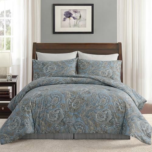 Cozaline 100% Cotton Duvet Cover King Size Blue Boho Paisley Pattern Duvet Cover Sets with Zipper Closure 3 Pcs Soft & Breathable Luxury Bedding Sets