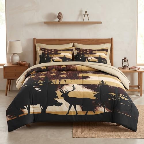 WeCozy 5 Pcs Twin Size Comforter Set with Pillowcase & Sham, Animal Hunting Deer Cow Print Bedding Set for Kids and Adults, Retro American Flag Bed in a Bag with Flat Sheet and Fitted Sheet
