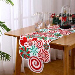 Kingdder Christmas Table Runner Candy Cane Red White Green Lollipop Peppermint Bow Table Mat Xmas Party Decor Centerpiece for Home Christmas Party Decoration, 71 x 14 Inch(Candy)