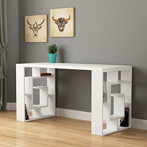 HOCUS PICUS Working Desk with Geometric Design, Modern Study Desk with Open Shelves, Rectangular Work Table for Student Worker, Office Place, Home, Hotels and Library 75(H)x60(D)x137(W)cm (White)