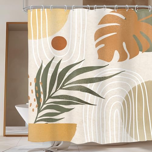 Beige Green Boho Shower Curtain Mid Century Abstract Bathroom Curtain Set - Plant Tropical Palm Leaf Modern Minimalist Arch Geometric 72Wx72L Bathroom Decor Waterproof Fabric with Free Hooks