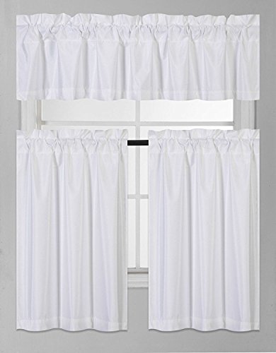 Fancy Collection 3 Piece Faux Silk Blackout Kitchen Curtain Set - Tier Curtains and Valance - Solid White - Thermal Backing - Assorted Colors