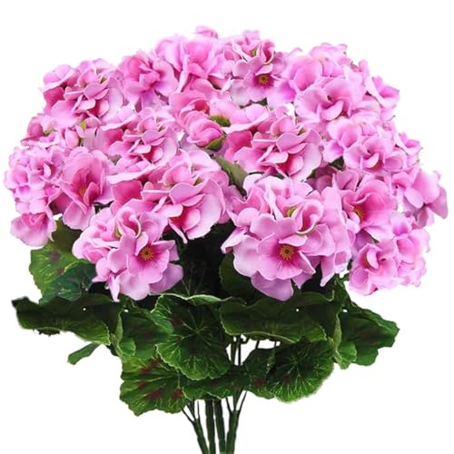 FERIAL Artificial Geranium Silk Flowers Outdoor Plant Bush Faux Flowers Geraniums 4PCS for Floral Home Decor Outdoor Indoor Garden Patio Grave Cemetary Vase Table Centerpiece(Purplepink)