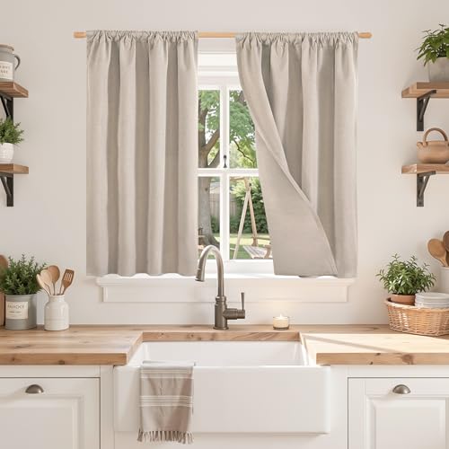 BGment Oatmeal Linen Blackout Curtains 40 Inch Length, Short Thermal Insulated Drapes with Rod Pocket Room Darkening for Bedroom Window Privacy, 2 Panels Set, Each 30 Inch Wide