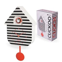 Fisura – Modern Cuckoo Clock with Stripes and Red Dial. Original Black and White Wall Clock. Decorative Gift. Requires 3 AA Batteries (Not Included). Dimensions: 21.5x8x41.5 cm. Made of ABS Plastic.