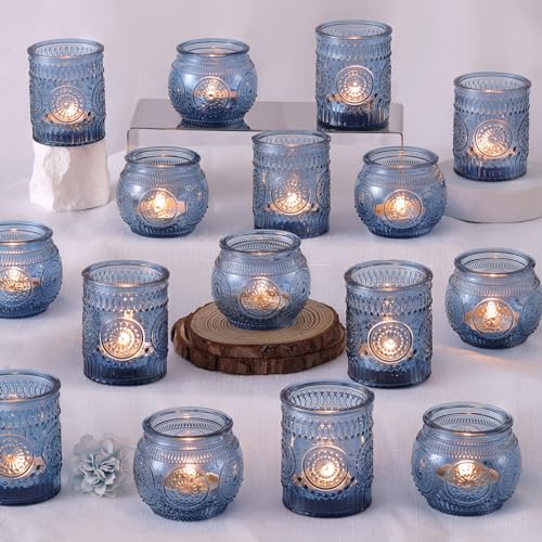 DARJEN Blue Votive Candle Holders Set of 36 - Votive Candle Holders Bulk, Glass Candle Holder for Party Decoration, Tea Lights Candle Holders for Wedding