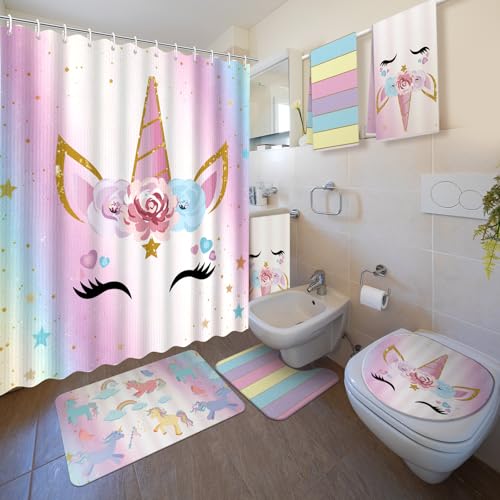 Nuanchu 6 Pcs Unicorn Shower Curtain Set with Rug Bathroom Sets with Shower Curtain Bath Mat U Shaped Mat Toilet Lid Cover 2 Bath Towels and 12 Hooks Unicorn Girls Bathroom Decor