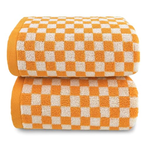 Jacquotha Orange Shower Towels for Bathroom Set of 2, Cotton Bath Towel Drying Body Hand Face Luxury 480 GSM Medium Thickness (Checkered), Fall Decor