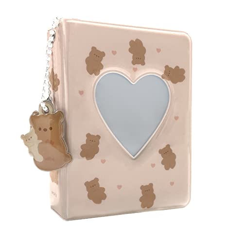 3 Inch Mini Photo Album, Heart Hollow Card Binder Photo Album Kpop Photo Card Holder with Pendant 40 Pockets (beige bear)