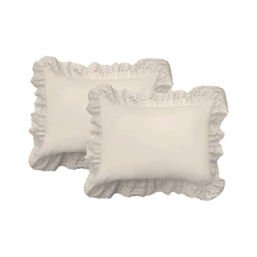 FRESH IDEAS Ruffled Bed Pillow Embroidered Detail Eyelet Shams Set, 2-Pack, Standard, Ivory