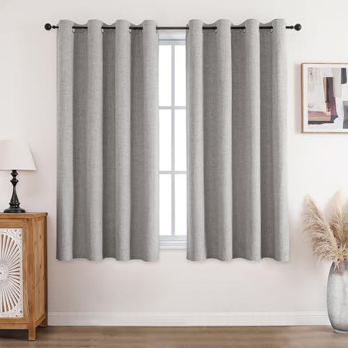 CUCRAF Curtain 100% Opaque Linen Curtains with Eyelets Grey White H 160 x W 132 cm Set of 2 Thermal Curtain Cold Protection Sound Insulation Curtain for Living Room Bedroom