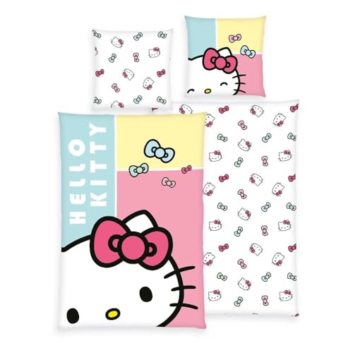 Herding Hello Kitty Bed Linen, Pillowcase Approx. 80 x 80 cm, Duvet Cover Approx. 135 x 200 cm, with Zip and Reversible Motif, 100% Cotton/Renforcé