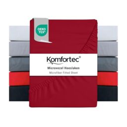 Komfortec Microfibre Fitted Sheet 160 x 200 cm Soft Fitted Sheet with Elasticated Edging for Mattresses up to 30 cm Red Oeko-Tex Easy Care and Skin-Friendly 90 g/m²
