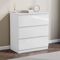 Vida Designs Glinton 3 Drawer Chest of Drawers - White - 73.5H x 65W x 35D cm - Stylish High-Gloss - Compact Space-Saving Nightstand - Smooth Glide Drawer - Ideal Furniture for Bedroom, Guest Room