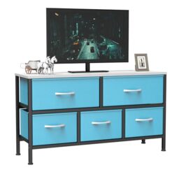 Feonase Bedroom Chest of Drawers, 5 Fabric Drawers Dresser with Metal Frame and MDF Top Board, Modern Storage Unit for Bedroom Living room, Entryway, Closet, Office,Blue-Black