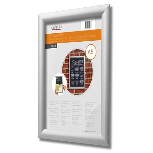 Deflecto A5 Snap Frame Silver - Aluminium Clip Frame for Certificate, Wall Display & Photo Hanger - Poster Holder with Convenient Front Opening Clips
